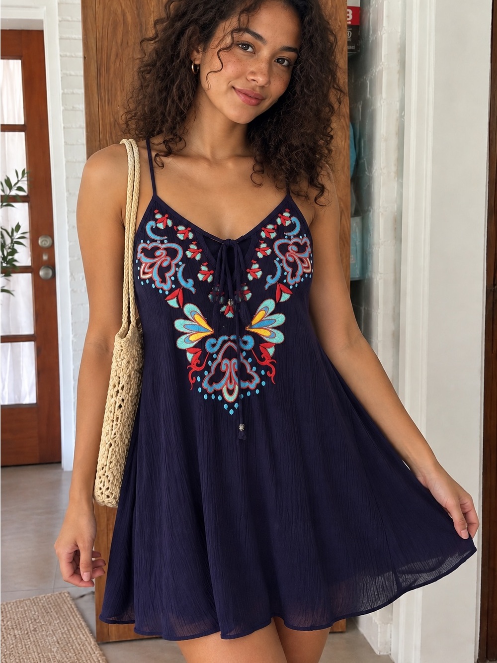 As U Wish Navy Embroidered Spaghetti-Strap dress